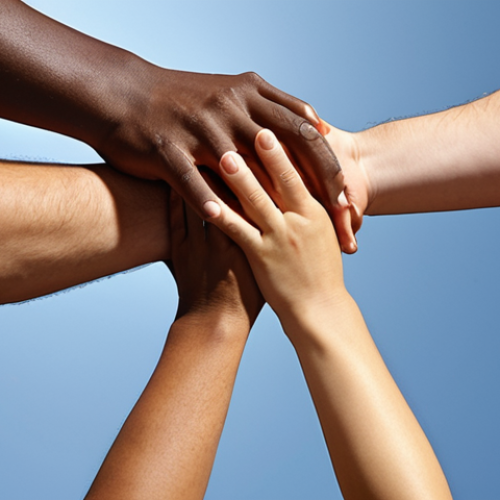 Home 11 ** "A diverse group of people working together, some are giving each other a high five while others are sharing ideas. The scene should feel collaborative and uplifting, reflecting positive human connection."
**