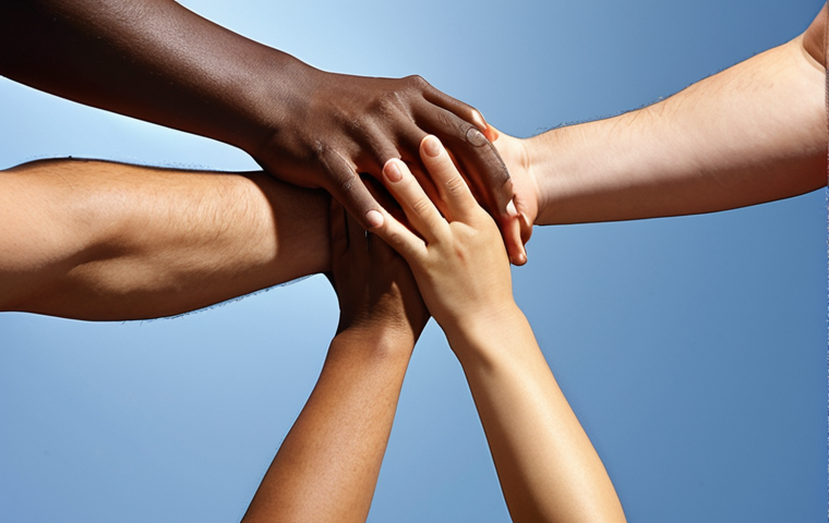 ** "A diverse group of people working together, some are giving each other a high five while others are sharing ideas. The scene should feel collaborative and uplifting, reflecting positive human connection."
**