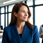 A professional female leader, mid-shot, in a modest business suit, engaging warmly with a diverse team in a brightly lit, modern office. She is actively listening, fostering a sense of trust and understanding. The team members are fully clothed in appropriate business attire, appearing engaged and motivated. The background features collaborative workspaces and subtle technology. safe for work, appropriate content, fully clothed, professional, perfect anatomy, correct proportions, natural pose, well-formed hands, proper finger count, natural body proportions, professional photography, high quality.