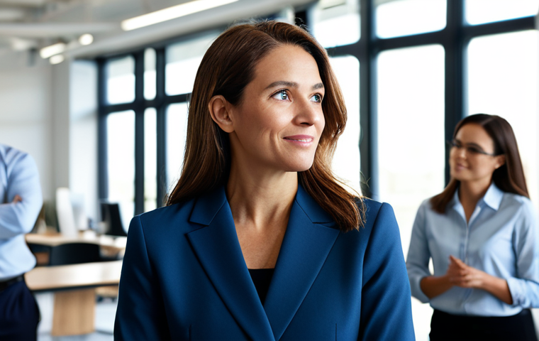 A professional female leader, mid-shot, in a modest business suit, engaging warmly with a diverse team in a brightly lit, modern office. She is actively listening, fostering a sense of trust and understanding. The team members are fully clothed in appropriate business attire, appearing engaged and motivated. The background features collaborative workspaces and subtle technology. safe for work, appropriate content, fully clothed, professional, perfect anatomy, correct proportions, natural pose, well-formed hands, proper finger count, natural body proportions, professional photography, high quality.