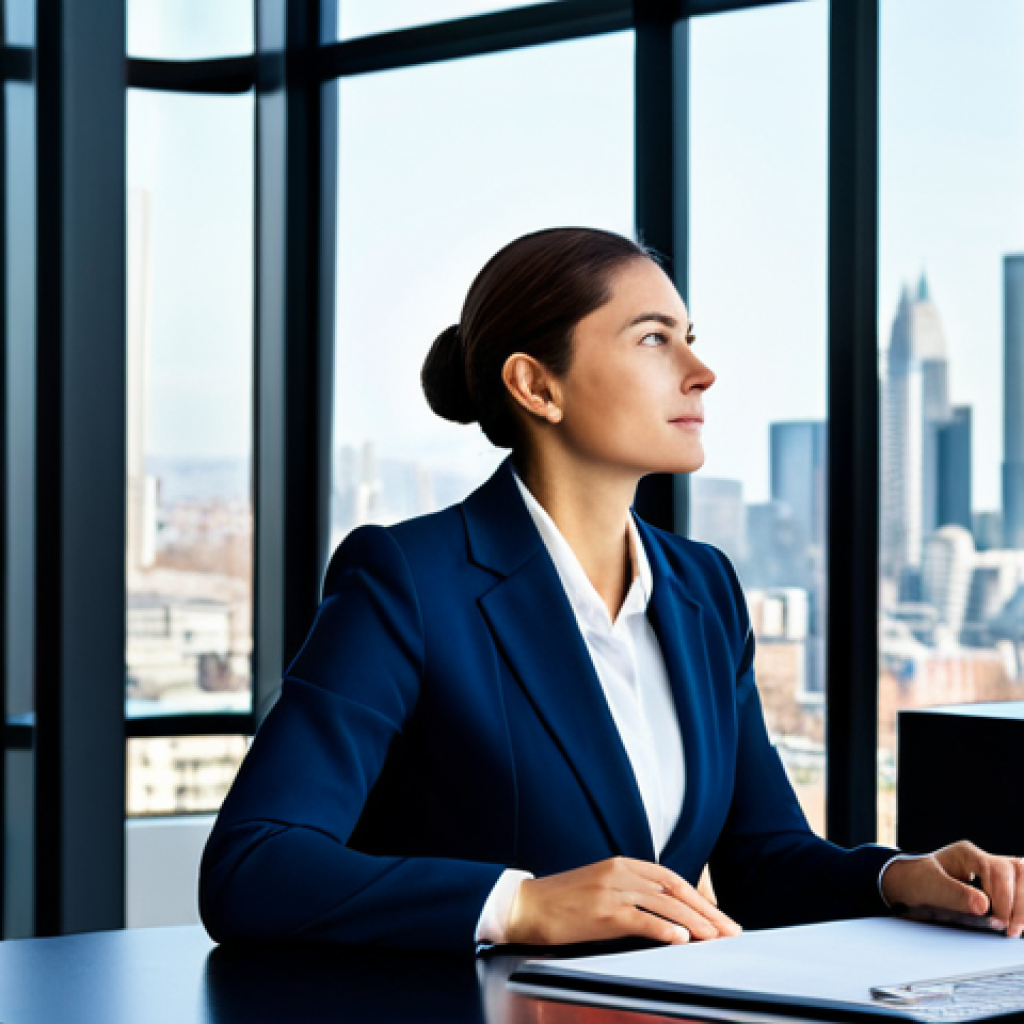 A professional businesswoman in a modest business suit, sitting thoughtfully at a sleek desk in a modern, sunlit office, with large windows overlooking a peaceful city skyline. She is gazing upwards with a serene, insightful expression, as if contemplating deep purpose and reconnecting with her core values. The environment is calm and inspiring, reflecting clarity and introspective thought. This is a high-quality professional photograph with soft, natural lighting and sharp focus, ensuring perfect anatomy, correct proportions, natural pose, well-formed hands, proper finger count, and natural body proportions. fully clothed, appropriate attire, safe for work, appropriate content, professional, family-friendly.