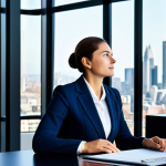 A professional businesswoman in a modest business suit, sitting thoughtfully at a sleek desk in a modern, sunlit office, with large windows overlooking a peaceful city skyline. She is gazing upwards with a serene, insightful expression, as if contemplating deep purpose and reconnecting with her core values. The environment is calm and inspiring, reflecting clarity and introspective thought. This is a high-quality professional photograph with soft, natural lighting and sharp focus, ensuring perfect anatomy, correct proportions, natural pose, well-formed hands, proper finger count, and natural body proportions. fully clothed, appropriate attire, safe for work, appropriate content, professional, family-friendly.