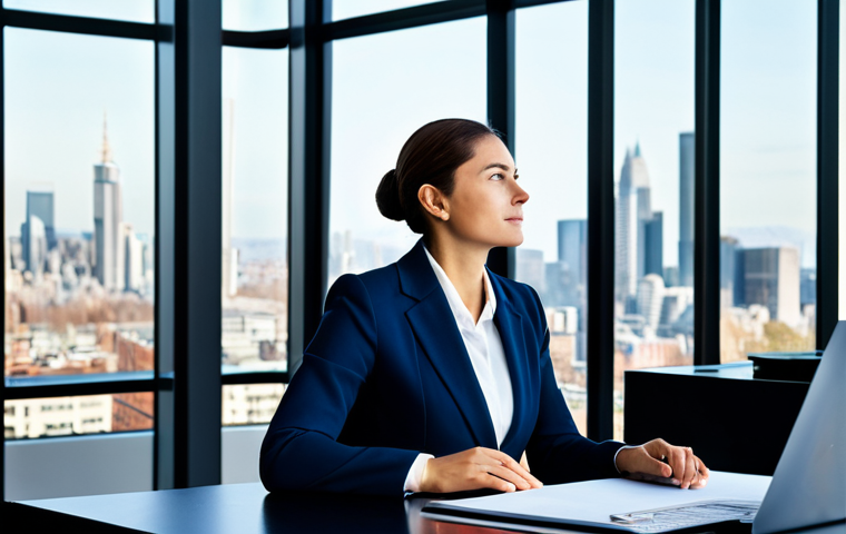 A professional businesswoman in a modest business suit, sitting thoughtfully at a sleek desk in a modern, sunlit office, with large windows overlooking a peaceful city skyline. She is gazing upwards with a serene, insightful expression, as if contemplating deep purpose and reconnecting with her core values. The environment is calm and inspiring, reflecting clarity and introspective thought. This is a high-quality professional photograph with soft, natural lighting and sharp focus, ensuring perfect anatomy, correct proportions, natural pose, well-formed hands, proper finger count, and natural body proportions. fully clothed, appropriate attire, safe for work, appropriate content, professional, family-friendly.