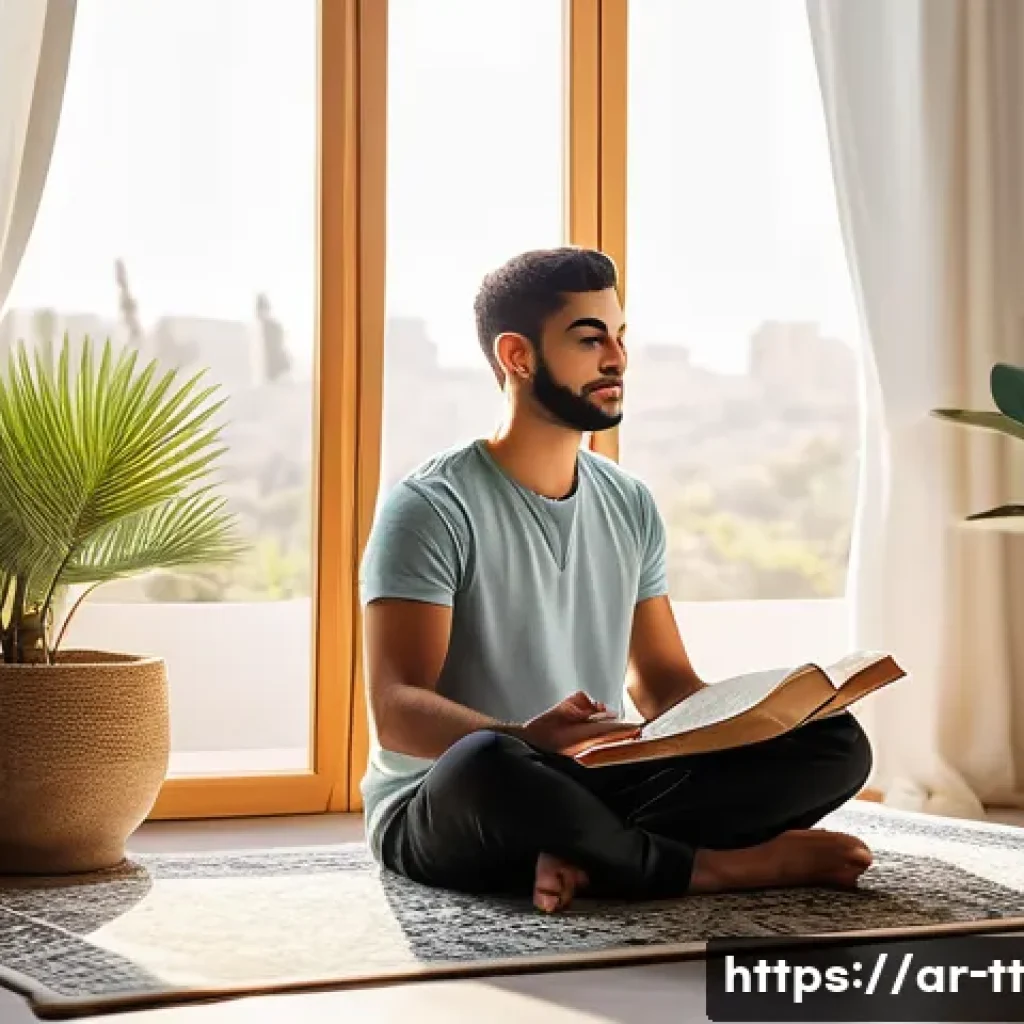 동기부여를 위한 전문가의 조언 정리 - A serene morning routine scene in a modern Arabic-style home: a young Arab man in modest comfortable...