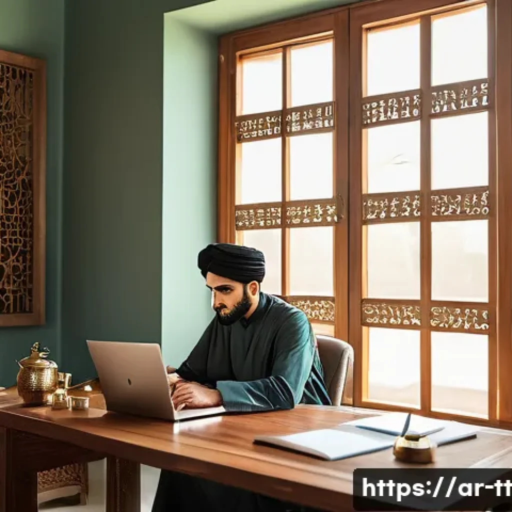 자아 발견을 통한 동기부여 방법 - A serene Middle Eastern home office setting with a young Arab professional thoughtfully journaling p...