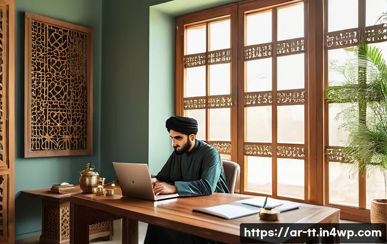 자아 발견을 통한 동기부여 방법 - A serene Middle Eastern home office setting with a young Arab professional thoughtfully journaling p...
