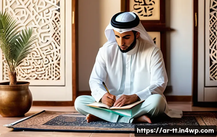 동기부여를 위한 개인의 가치관 정립하기 - A thoughtful Arab man sitting cross-legged on a traditional Persian rug in a warmly lit room with in...
