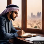 Home 20 동기부여와 인간 행동의 관계 탐구 - A thoughtful Middle Eastern man in modern casual attire sits at a wooden desk by a large window over...