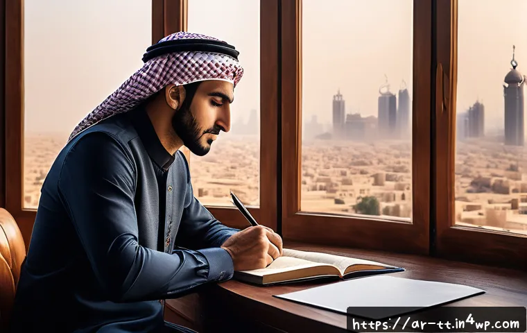 동기부여와 인간 행동의 관계 탐구 - A thoughtful Middle Eastern man in modern casual attire sits at a wooden desk by a large window over...